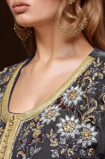 Elegant Grey georgette kaftan gown with Golden & Silver  zari work With hijab.