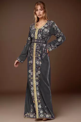 Elegant Grey georgette kaftan gown with Golden & Silver  zari work With hijab.