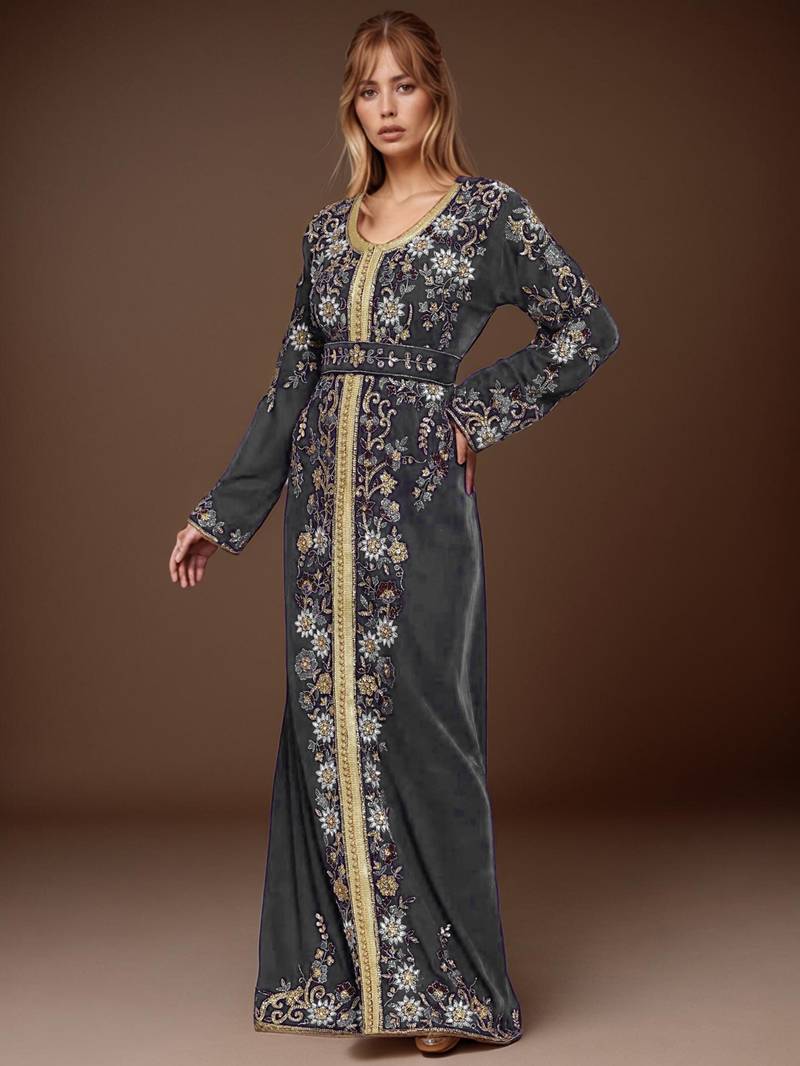 Elegant Grey georgette kaftan gown with Golden & Silver  zari work With hijab.
