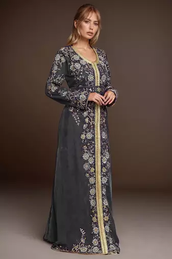 Elegant Grey georgette kaftan gown with Golden & Silver  zari work With hijab.