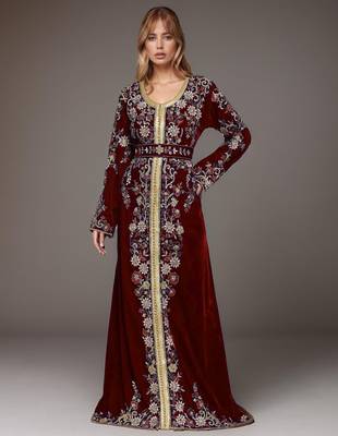 Elegant Maroon georgette kaftan gown with Golden & Silver  zari work With hijab. 1