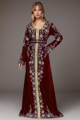 Elegant Maroon georgette kaftan gown with Golden & Silver  zari work With hijab.