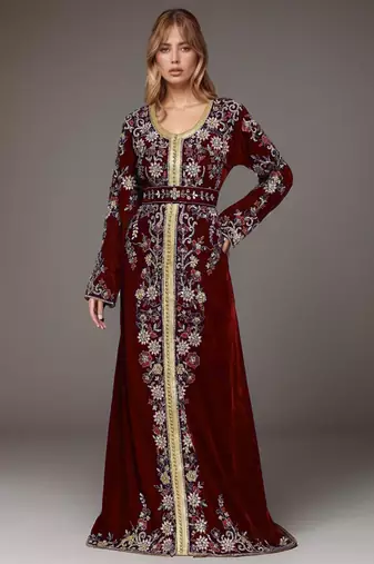 Elegant Maroon georgette kaftan gown with Golden & Silver  zari work With hijab.