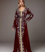 Elegant Maroon georgette kaftan gown with Golden & Silver  zari work With hijab.