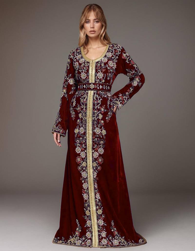 Elegant Maroon georgette kaftan gown with Golden & Silver  zari work With hijab.