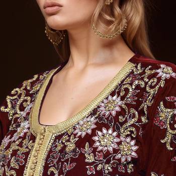 Elegant Maroon georgette kaftan gown with Golden & Silver  zari work With hijab. 2