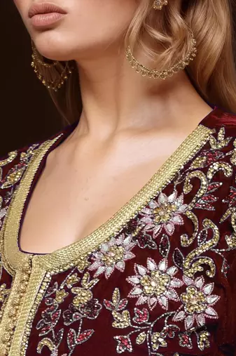 Elegant Maroon georgette kaftan gown with Golden & Silver  zari work With hijab.