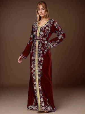 Elegant Maroon georgette kaftan gown with Golden & Silver  zari work With hijab. 3
