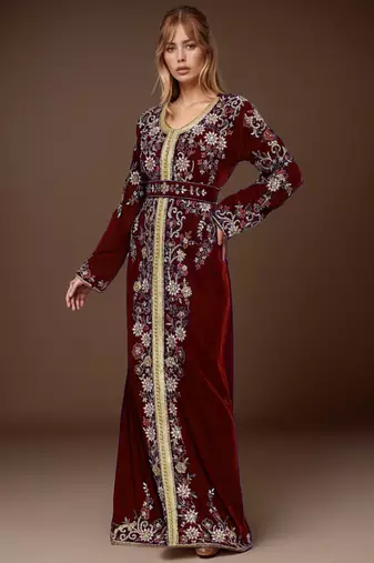Elegant Maroon georgette kaftan gown with Golden & Silver  zari work With hijab.