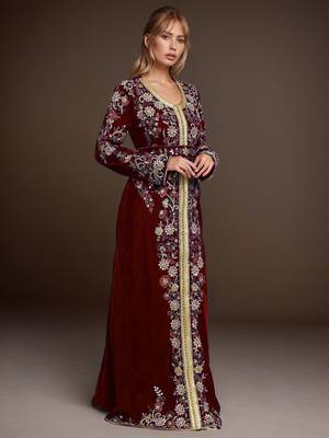 Elegant Maroon georgette kaftan gown with Golden & Silver  zari work With hijab. 4