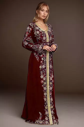 Elegant Maroon georgette kaftan gown with Golden & Silver  zari work With hijab.
