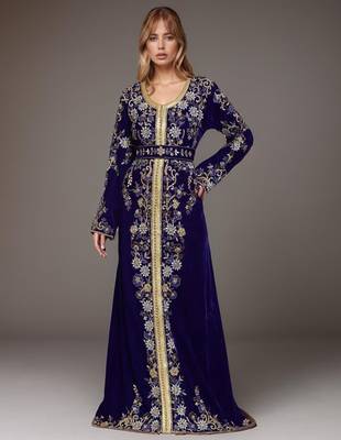 Elegant Navy blue georgette kaftan gown with Golden & Silver  zari work With hijab. 1