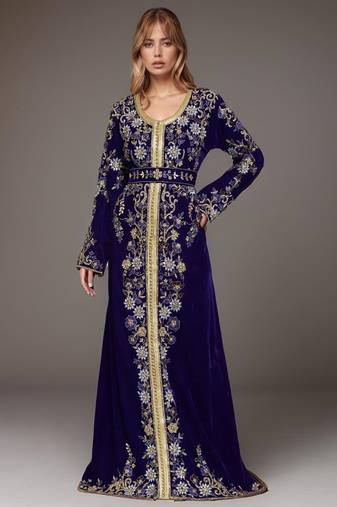 Elegant Navy blue georgette kaftan gown with Golden & Silver  zari work With hijab.