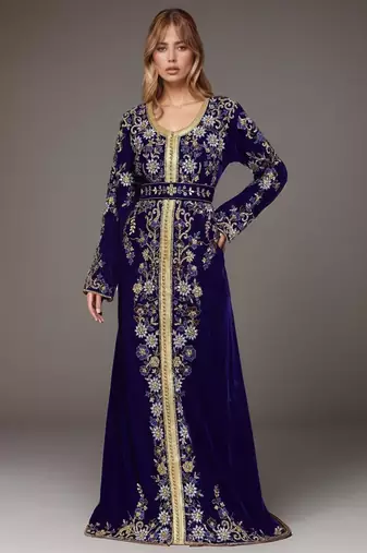 Elegant Navy blue georgette kaftan gown with Golden & Silver  zari work With hijab.