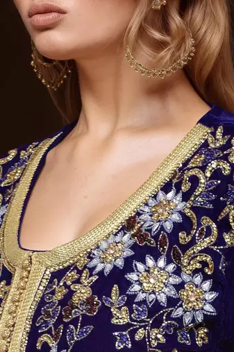 Elegant Navy blue georgette kaftan gown with Golden & Silver  zari work With hijab.