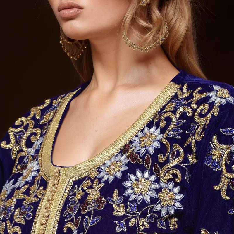 Elegant Navy blue georgette kaftan gown with Golden & Silver  zari work With hijab.
