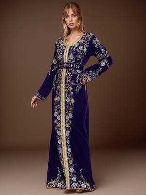 Elegant Navy blue georgette kaftan gown with Golden & Silver  zari work With hijab. 3