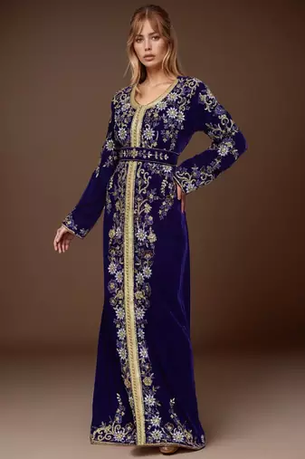 Elegant Navy blue georgette kaftan gown with Golden & Silver  zari work With hijab.