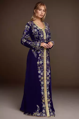 Elegant Navy blue georgette kaftan gown with Golden & Silver  zari work With hijab.