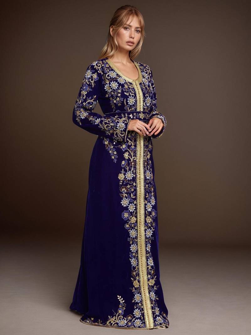 Elegant Navy blue georgette kaftan gown with Golden & Silver  zari work With hijab.