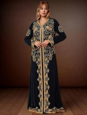 Elegant Black georgette kaftan gown with Golden & Silver  zari work With hijab. 1