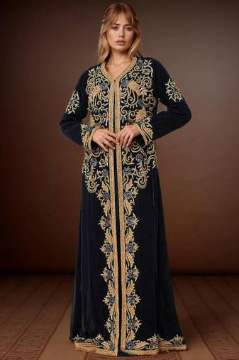Elegant Black georgette kaftan gown with Golden & Silver  zari work With hijab.