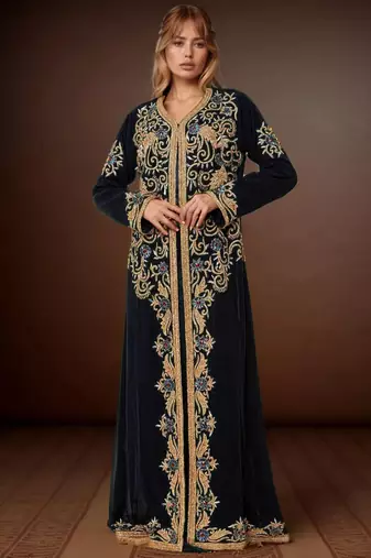 Elegant Black georgette kaftan gown with Golden & Silver  zari work With hijab.