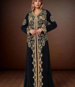 Elegant Black georgette kaftan gown with Golden & Silver  zari work With hijab.