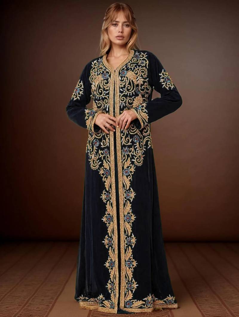 Elegant Black georgette kaftan gown with Golden & Silver  zari work With hijab.
