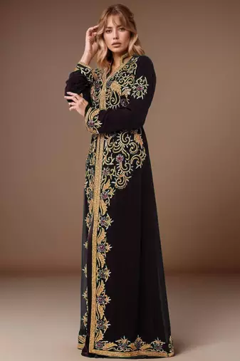 Elegant Black georgette kaftan gown with Golden & Silver  zari work With hijab.