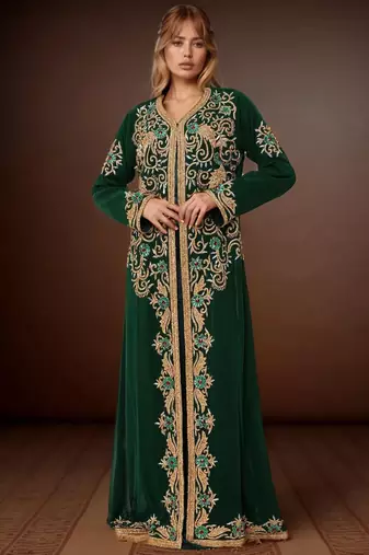Elegant Dark Green georgette kaftan gown with Golden & Silver  zari work With hijab.
