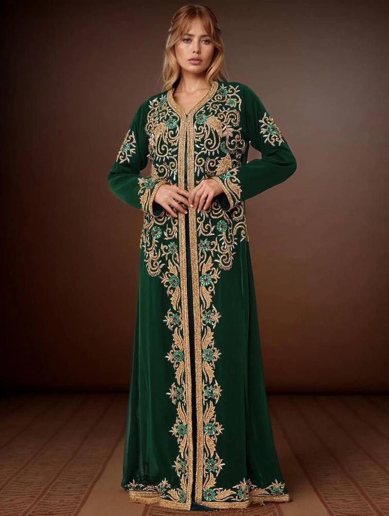 Elegant Dark Green georgette kaftan gown with Golden & Silver  zari work With hijab.