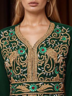 Elegant Dark Green georgette kaftan gown with Golden & Silver  zari work With hijab. 2