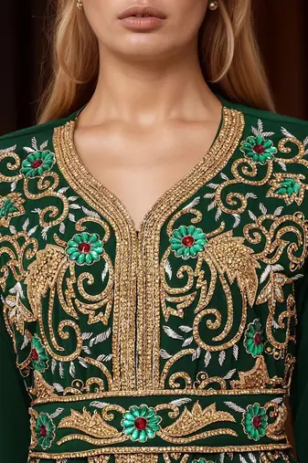 Elegant Dark Green georgette kaftan gown with Golden & Silver  zari work With hijab.