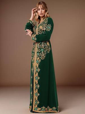 Elegant Dark Green georgette kaftan gown with Golden & Silver  zari work With hijab. 4