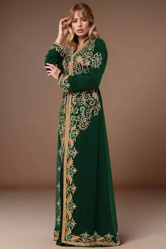 Elegant Dark Green georgette kaftan gown with Golden & Silver  zari work With hijab.