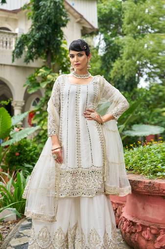 white real mirror chinon silk wedding party wear sharara salwar suit with net dupatta  full stitched free size