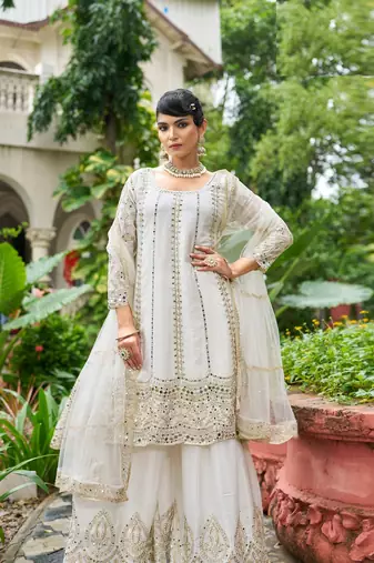 white real mirror chinon silk wedding party wear sharara salwar suit with net dupatta  full stitched free size