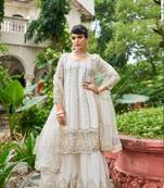 white real mirror chinon silk wedding party wear sharara salwar suit with net dupatta  full stitched free size