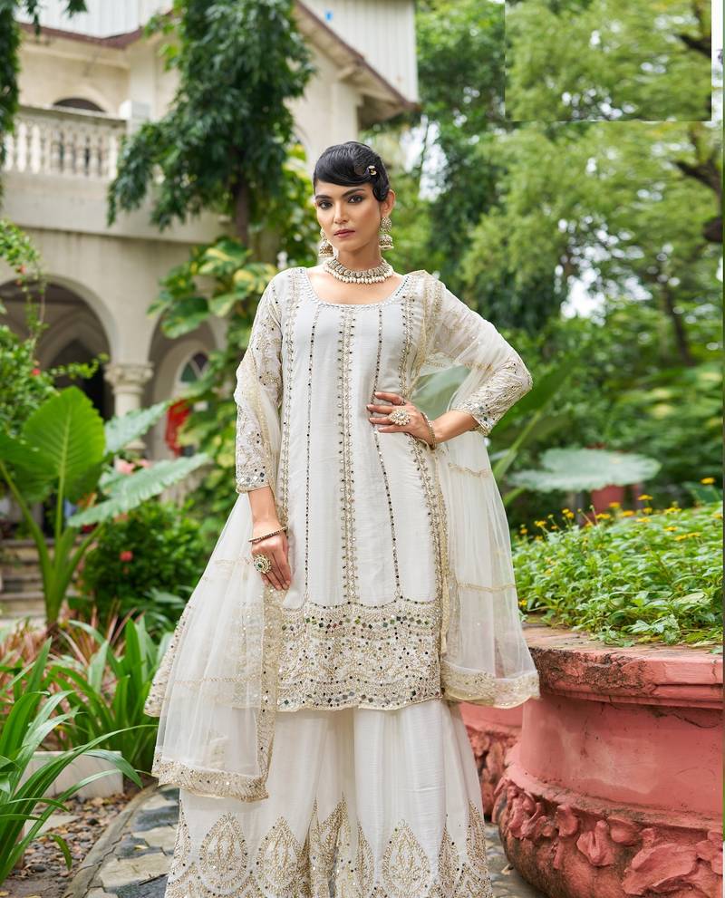 white real mirror chinon silk wedding party wear sharara salwar suit with net dupatta  full stitched free size