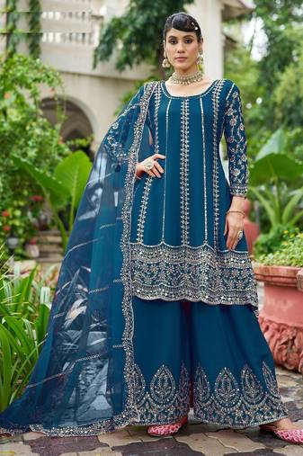 blue real mirror chinon silk wedding party wear sharara salwar suit with net dupatta  full stitched free size
