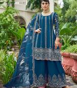 blue real mirror chinon silk wedding party wear sharara salwar suit with net dupatta  full stitched free size