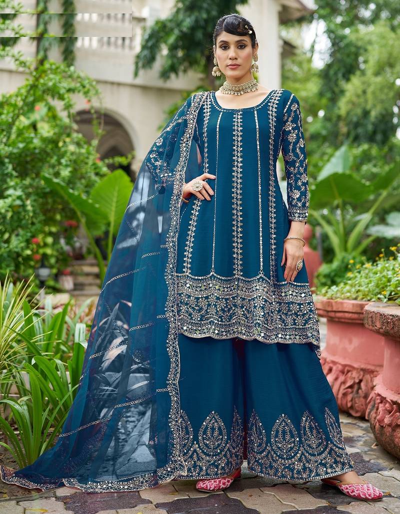 blue real mirror chinon silk wedding party wear sharara salwar suit with net dupatta  full stitched free size