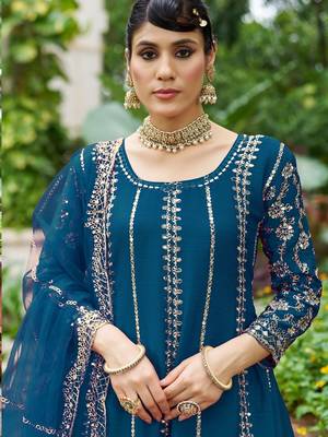 blue real mirror chinon silk wedding party wear sharara salwar suit with net dupatta  full stitched free size 2