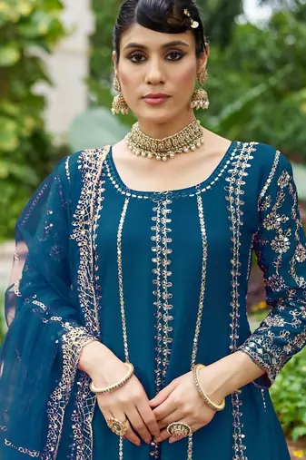 blue real mirror chinon silk wedding party wear sharara salwar suit with net dupatta  full stitched free size
