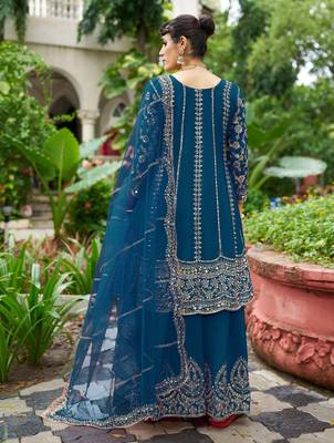 blue real mirror chinon silk wedding party wear sharara salwar suit with net dupatta  full stitched free size 3