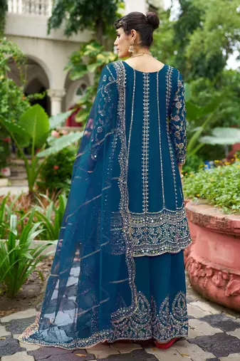blue real mirror chinon silk wedding party wear sharara salwar suit with net dupatta  full stitched free size