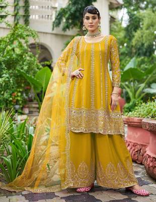 yellow real mirror chinon silk wedding party wear sharara salwar suit with net dupatta  full stitched free size 1