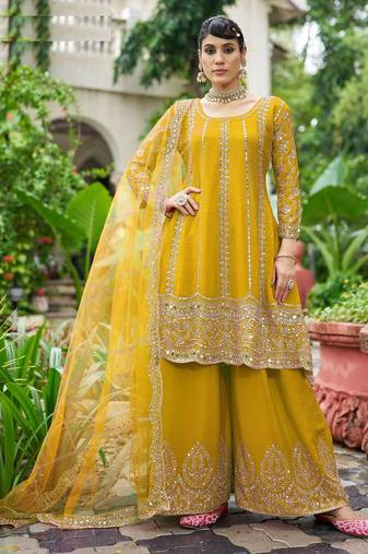 yellow real mirror chinon silk wedding party wear sharara salwar suit with net dupatta  full stitched free size
