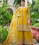 yellow real mirror chinon silk wedding party wear sharara salwar suit with net dupatta  full stitched free size